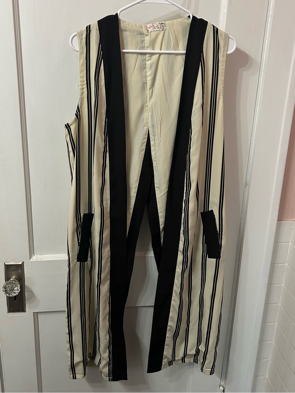 Free People Black & Cream Striped Sleeveless Long Vest